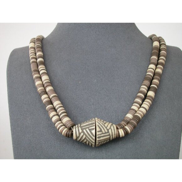 Handcrafted Tribal-Inspired Two Strand Necklace With Brown & Cream Discs Beads - Picture 5 of 5